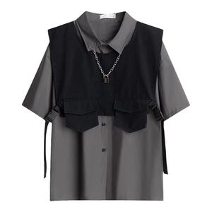 暗黑系机能工装男潮牌夏季宽松衬衫嘻哈短袖衬衣一套搭配马甲套装