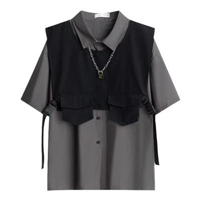 暗黑机能工装夏季宽松短袖衬衣