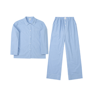 FORRETRO 氧气蓝条纹纯棉磨毛睡衣长袖长裤春秋冬男女家居服外穿