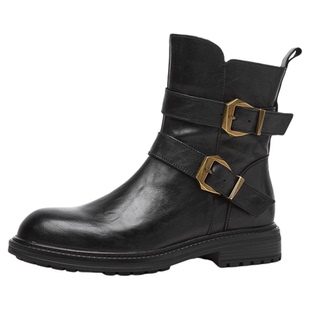 金利来女鞋2025秋冬新款英伦风皮带扣机车靴女黑色粗跟圆头短靴女