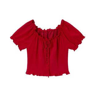 PIT复古法式泡泡袖短款甜美花边领衬衣女夏季新款别致上衣