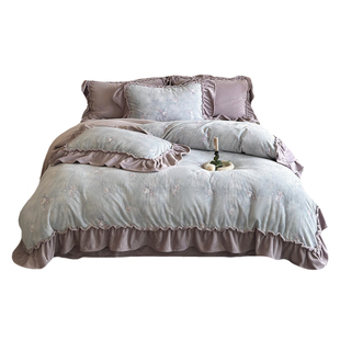 法式复古加厚牛奶绒四件套公主风荷叶边印花被套冬季保暖高级床单