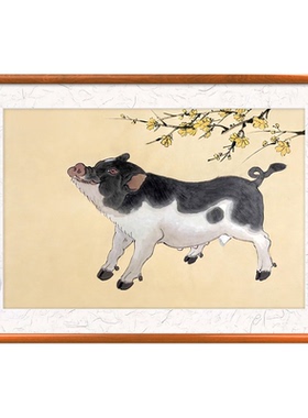 厚德载物手绘国画 手绘猪画 养猪宣纸画 可爱小猪诸事顺利相框画