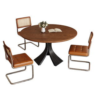 馨佰利实木餐桌家用小户型窈窕圆桌中古风客厅实用复古圆形吃饭桌