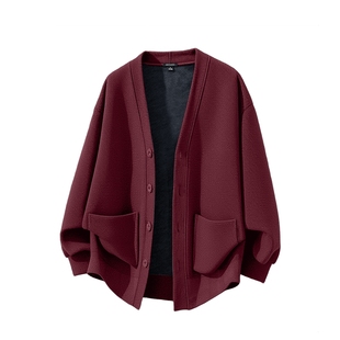 GV真维斯酒红色开衫外套男冬季加绒保暖抓绒衣加厚休闲上衣男款C