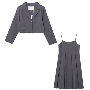 长短款胖仙女莹莹大码女装胖mm秋韩版气质通勤西服百褶连衣裙套装