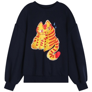 落落狷介 多巴胺秋季穿搭藏青色2025年新款设计感小众加绒卫衣女