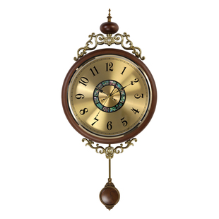 客厅欧式复古挂钟家用创意装饰实木摇摆钟表挂墙壁挂时钟HP6037