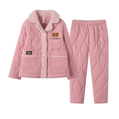 芬腾女童睡衣冬季三层夹棉加绒加厚保暖卡通家居服套装可外穿儿童