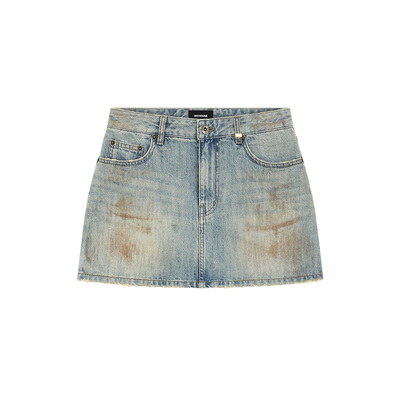 WE11DONE26春季新品女士水洗熏染做旧logo贴饰牛仔迷你裙