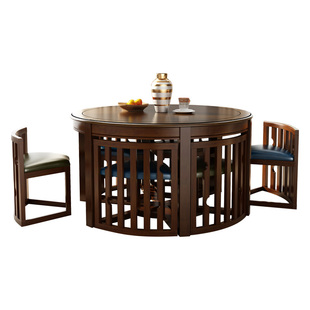 世匠美式圆形餐桌家用实木圆桌带旋转转盘胡桃色一桌八椅真皮餐椅
