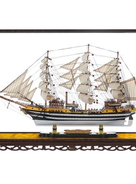 鸡翅木玻璃罩帆船模型办公室摆件