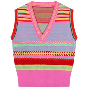 今屿花花 针织衫春装女款v领宽松上衣设计感小众条纹无袖针织背心