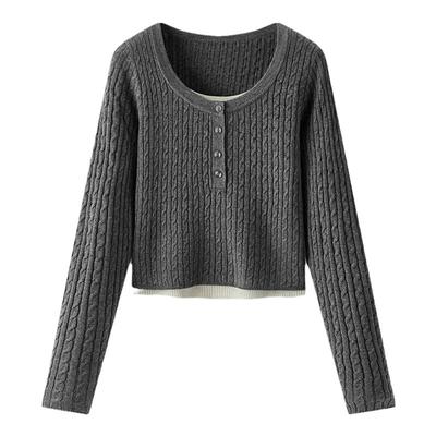 森马假两件正肩绞花短款毛衣女