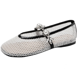 MIO米奥单鞋女鞋钻饰秋款透气甜酷渔夫鞋一字带平底轻便玛丽珍