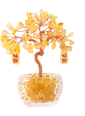 黄水晶发财树生肖马桌面装饰品