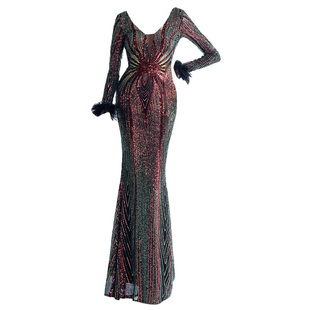 长袖晚礼服女2025新款高级感深V低胸性感宴会晚宴气质长款连衣裙