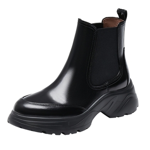 真美诗平行宇宙冬新款牛皮加绒洋气小短靴运动厚底切尔西靴女