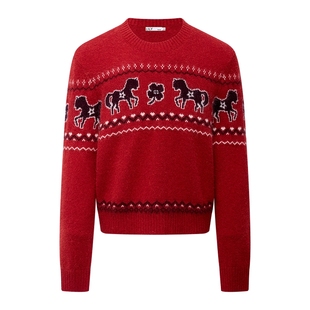 LILY2025冬新款兔绒羊毛混纺撞色费尔岛提花套头加厚针织衫毛衣女