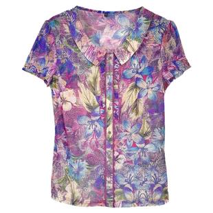 新品中年女夏装短袖印花弹力台湾网纱速干T恤上衣洋气妈妈装小衫