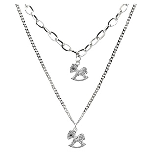 水钻小马时尚项链吊坠饰品钛钢个性短款双层叠加链毛衣链男女潮酷