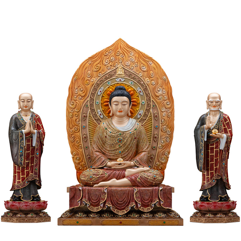 纯铜热染一佛二弟子佛像供奉摆件