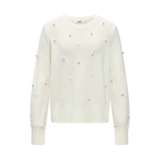 LILY2026春新款女装简约白色气质通勤钉珠圆领套头圆领针织衫毛衣