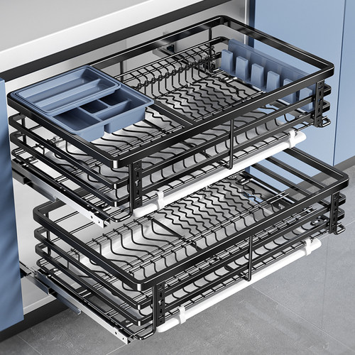 拉篮厨房橱柜304不锈钢厨房拉篮双层抽屉式碗架碗柜碗碟收纳碗篮