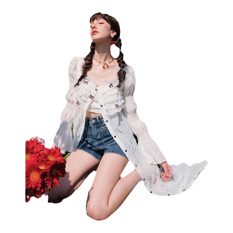 CLOUDSEASON蕾丝樱桃长开衫