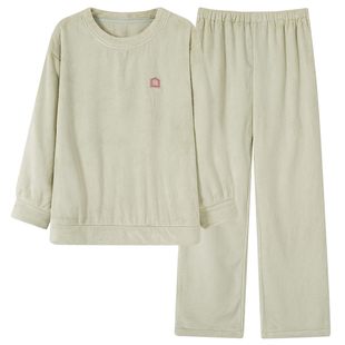 芬腾可安睡衣秋女款2025新款冬季珊瑚绒加厚大码水绿家居服秋冬天