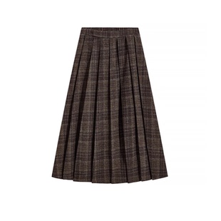 复古格子百褶半身裙女秋冬季A字中长裙学院风压褶毛呢格纹长裙潮