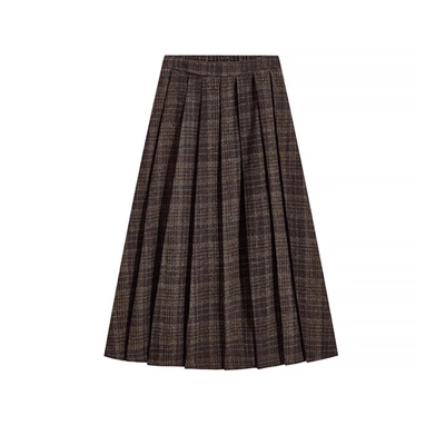 秋冬季复古格子毛呢百褶半身裙