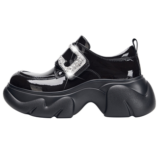 NOOWA厚底乐福鞋女2026春季款时尚水钻漆皮增高百搭魔术贴小皮鞋