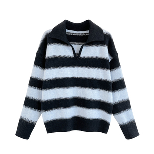 韩系蓝色条纹翻领毛衣女外套厚秋冬穿搭软糯绝美巨好看长袖针织衫