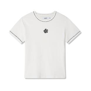 LILY夏新款女装舒适全棉设计感浪漫玫瑰休闲复古百搭T恤上衣