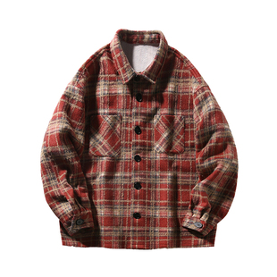班尼路SK美式复古格子衬衫外套男春秋翻领刺绣夹克潮牌痞帅上衣YS