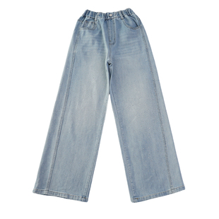 女童裤子春夏外穿2026新款潮时尚超好看烫钻直筒阔腿裤儿童牛仔裤