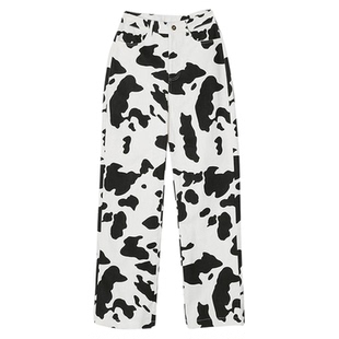 Statement print straight-leg jeans高腰奶牛印花宽松直筒牛仔裤