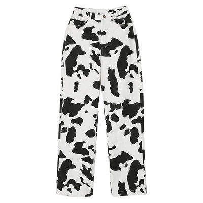 高腰个性印花宽松直筒牛仔裤