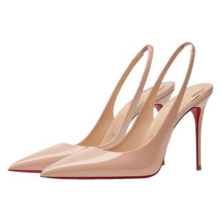 2025新款尖头红底真皮裸色单鞋女名媛百搭细跟后空包头高跟鞋凉鞋