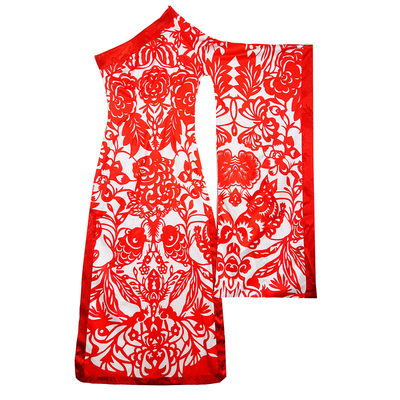 红色剪纸不对称斜肩广袖走秀旗袍