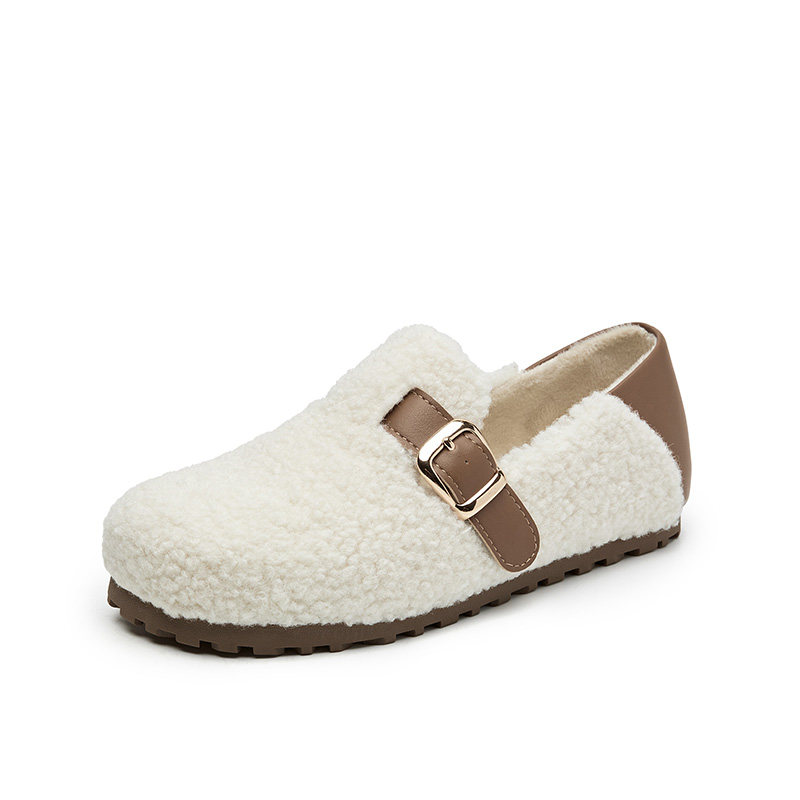 大东深口鞋女鞋2025冬季新款甜美圆头毛绒套脚平底拼接单鞋D0131