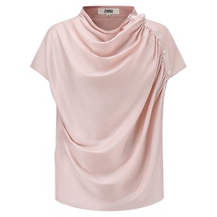 【ZHIMII识弥】斜襟干丝真丝不对称堆领衬衫女粉色衬衫短袖上衣女