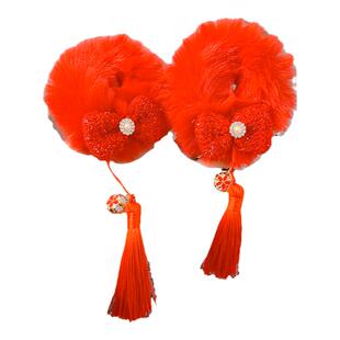 2025新年头饰古风汉服儿童秋冬毛绒发圈头绳女新春丸子头流苏发饰