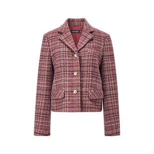 颜域绵羊毛西装领毛呢大衣女士2025新款冬季红色格子优雅短款外套