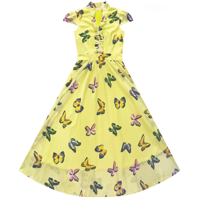 黄色碎花波西米亚雪纺蝴蝶长裙子