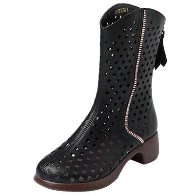 时尚舞台风舒适粗跟镂空中筒靴子