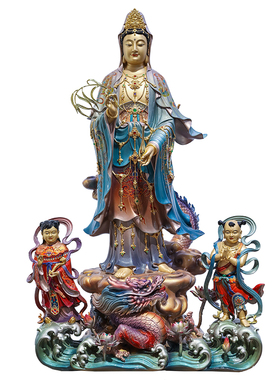 中式纯铜观音佛像金童玉女供奉