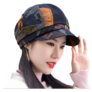 复古印花贝雷帽女士春秋薄布薄款八角帽骑车帽韩版鸭舌帽布帽大头