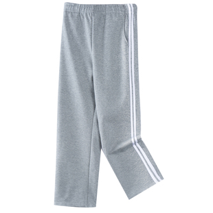 深蓝色校服裤男女童两条杠双白边初中藏青小学生运动裤子浅灰纯棉